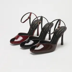 Elegant glossy peep-toe high-heel sandals with ankle straps in burgundy, black, and brown