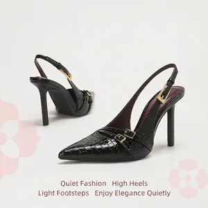 Tacones Altos Slingback de Punta Estrecha Vintage para Mujer Cuero Charol Patrón de Cocodrilo Tacones de Aguja Con Hebilla de Metal Zapatos de Oficina