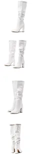 Detailed views showing white pointed-toe slouchy high-heel boots from multiple perspectives