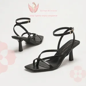 Sommer Neue Damen Sandalen mit Hohem Absatz Quadratzehe Dünne Riemchen Minimalistische PU-Leder Stiletto Sandalen Alltag Urlaub Schuhe