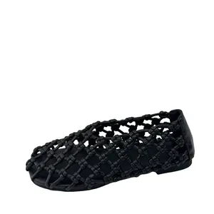 Breathable black hollow woven flat sandals for women, elegant summer walking shoes