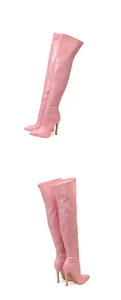 Front and back detail views of pink over-the-knee boots with pointed toes and stilettos