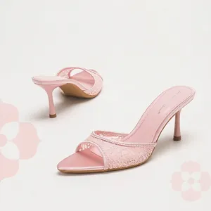 Women Pointed Toe High Heel Mules Elegant Lace Mesh Patent Leather Sandals Stiletto Heels Summer Slip On Shoes For Commuting Dating