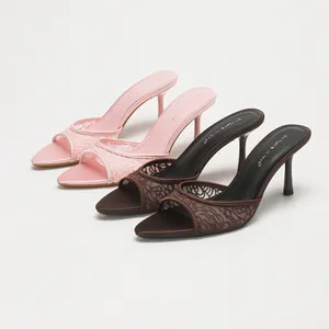 Elegant pointed toe high heel sandals with floral lace mesh straps for women