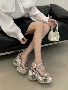 Silver platform wedge sandals with butterfly accents and flower embroidery detail