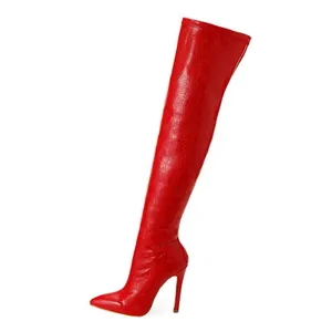 Sexy red crocodile-textured over-the-knee boots with pointed toe and stiletto heels