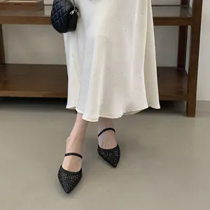 Elegant black pointed-toe woven hollow-out stiletto mules for women's daily fashion