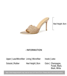 Detailed parameters of gold lace pointed-toe high heel mule with 8cm stiletto heel