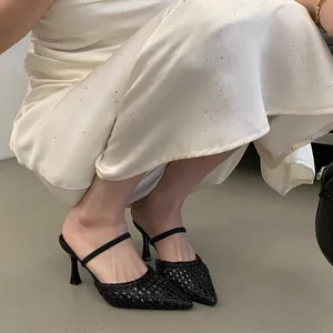 Elegant black woven mesh pointed-toe high heel mules shown in a detailed close-up shot
