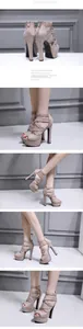 Details von sexy beigen Plateau-High-Heels mit überkreuzten Riemen aus Wildleder