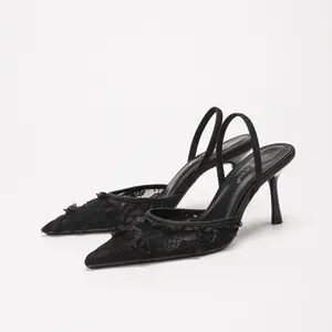 Elegant black French lace high-heeled slingback sandals with pointed toe and slim heel