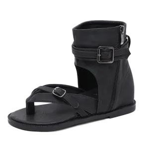 Black high-top gladiator thong sandals with buckle straps and side zipper detail