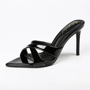 Elegant French style black patent leather high heel sandals with pointed open toe