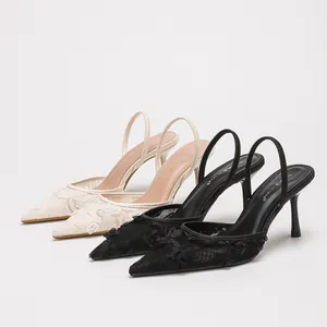 Elegant French lace high-heeled sandals with pointed toes and thin heels in two colors