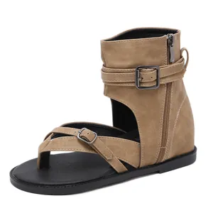 Vintage khaki high-top thong gladiator wedge sandals with decorative buckle straps