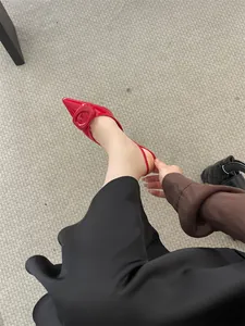 Detail shot of elegant red pointed-toe slingback heels with large square buckle design.