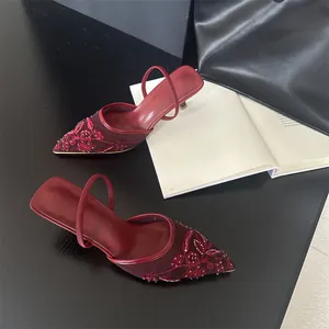 Elegant burgundy embroidered mesh mule heels featuring kitten heel and a sleek pointed toe
