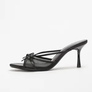 Elegant black satin high-heel sandals with mesh detail and bow knot, summer fashion shoes.