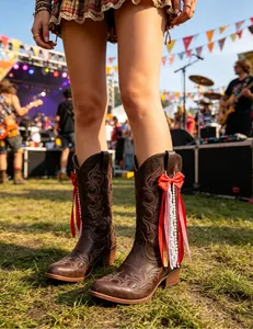 Red polka dot ribbon charms with pearls and lace on brown cowboy boots