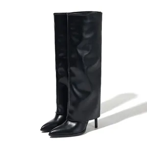 Schwarze spitze High-Heel-Stiefel mit weitem Gamaschen-Overlay-Design für Damen