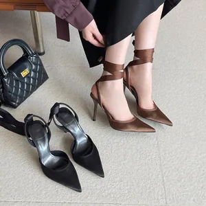 Sandalias de Tacón Alto Vintage Francés Punta Estrecha para Mujer Microfibra Correa de Tobillo Tacón de Aguja Destalonado