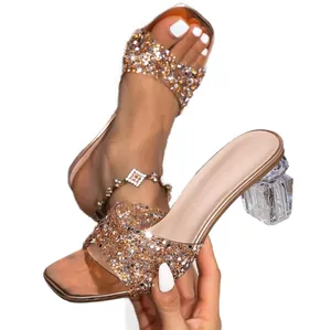 Elegant rose gold square toe rhinestone high heel sandals with clear crystal block heel
