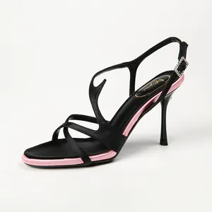 Elegant black and pink satin color-block stiletto sandals with crystal buckle strap.
