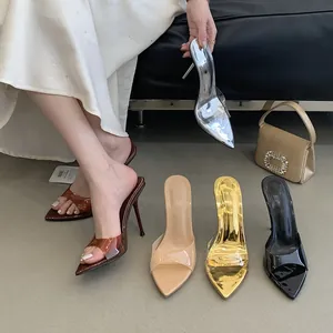 Showcase of pointed toe high heel mules in multiple colors with transparent straps