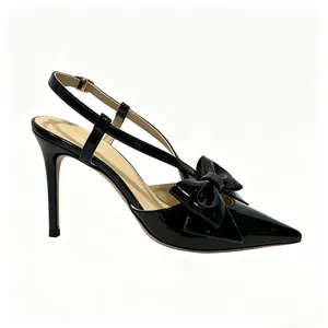 Elegant black patent leather bow pointed toe slingback stiletto heels for women.
