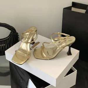Elegant gold French-style strappy high-heeled sandals with square toe for women
