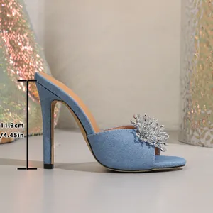 Détail montrant le talon de 11,3 cm des mules en denim bleu avec strass