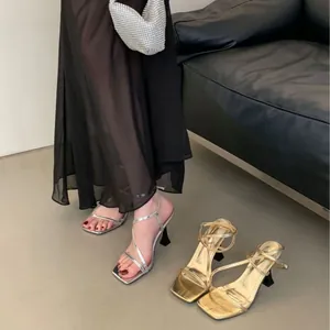 Elegant French style square toe stiletto sandals with ankle strap in gold and silver