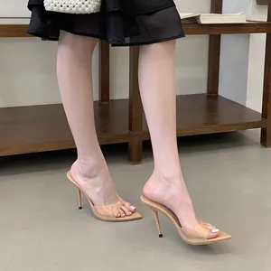 Elegant pointed toe stiletto sandals with clear PVC strap in nude color