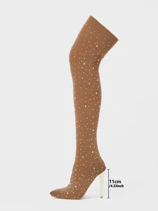 Detailed view of rhinestone thigh-high boot with 11cm stiletto heel height measurement