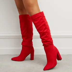 Stylish red suede-style slouchy knee-high boots with pointed toe and chunky heel