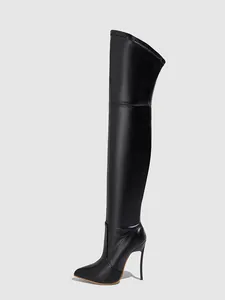 Sleek black over-the-knee leather boots with a sharp pointed toe and stiletto heel.
