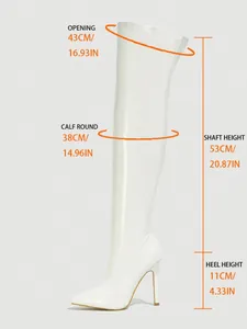 White over-the-knee boot dimensions with heel, shaft, and opening measurements