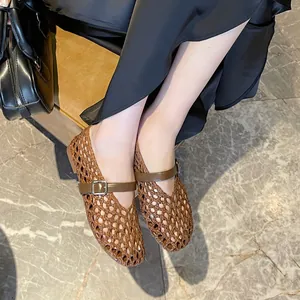 Handmade woven Mary Jane shoes with breathable hollow-out design and buckle strap