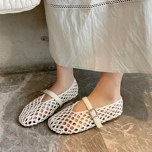 White hand-woven hollow Mary Jane flat shoes with breathable mesh design and strap