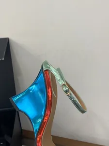 Close-up of metallic sculptural wedge heel with vibrant color-block mirror finish