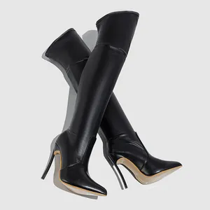 Elegant black over-the-knee stiletto boots with a pointed toe design.