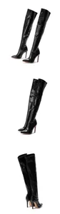 Multiple views of black crackle texture over-the-knee pointed toe stiletto boots