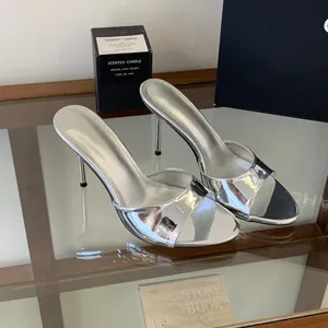 Detailed view of silver metallic stiletto mule sandals with open toe design