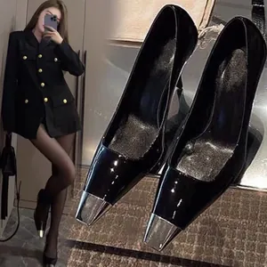 Women Pointed Toe Metal Cap Patent Leather Stiletto High Heels Sexy Commute Office Solid Color Pumps Elegant Party Single Shoes