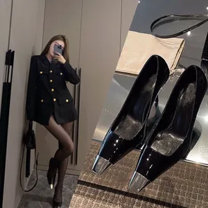 Elegant black stiletto pumps with silver metallic pointed toe cap for women
