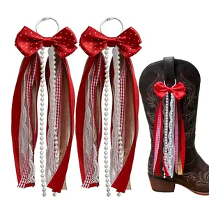 Red polka dot bowknot ribbon charms with pearls for western cowboy boots.