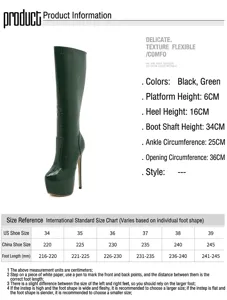 Guide des tailles détaillé pour bottes à talons hauts et plateforme en similicuir croco vert
