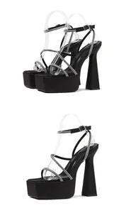 Detailed side view of sexy black rhinestone platform sandals with high block heels