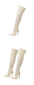 Cream crocodile texture over-the-knee stiletto boots with elegant pointed toes
