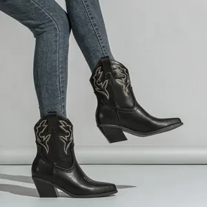 Detail of black embroidered western cowboy boots for women featuring a stylish chunky heel
